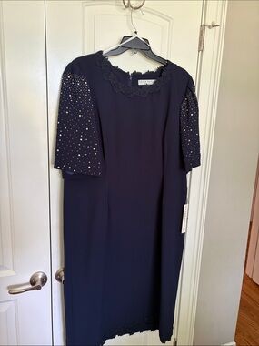 Lilly Pulitzer Navy Midi Dress with Embellished Sleeves